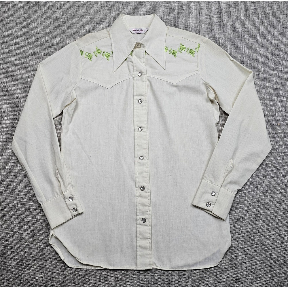 Vintage Wrangler Shirt Womens 32 White Floral Embroidered Western Pearl Snap
